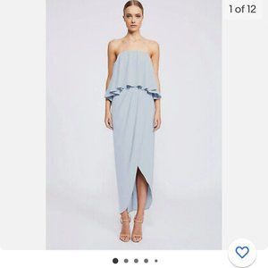Shona Joy Powder Blue Strapless Frill Midi Dress Tulip Hem